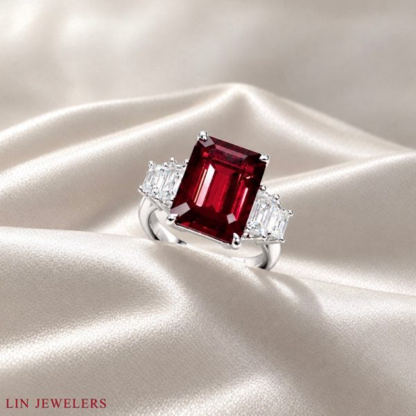 Silver octagon garnet ring with white topaz